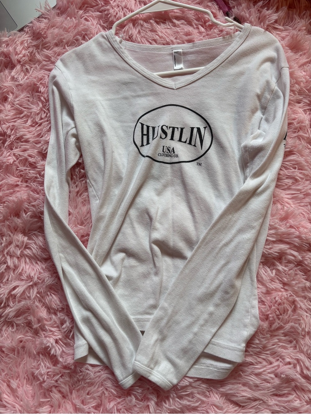 American Apparel White Long Sleeve V-Neck Top with Hustlin Logo